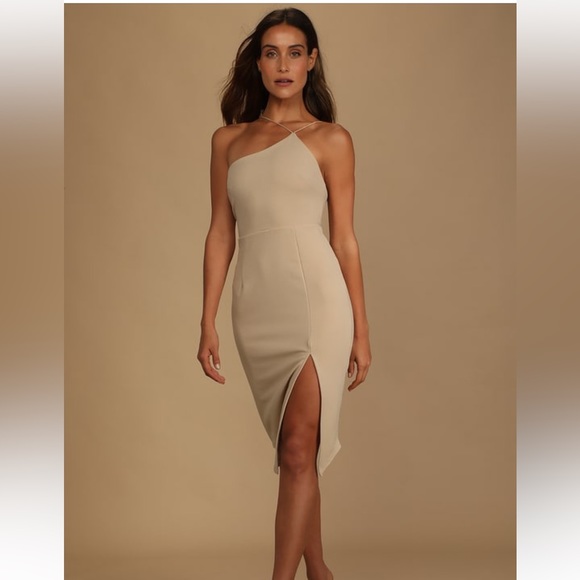 Lulu’s 
Happiest Hour Beige Asymmetrical Bodycon Midi Dress - Picture 1 of 4